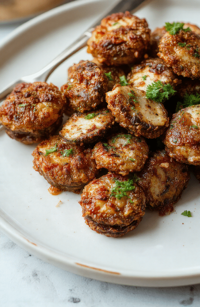 Golden brown crispy ranch mushrooms arranged on a rustic white plate with fresh herbs sprinkled on top, surrounded by a few green lettuce leaves, with a blurred background of a wooden table, showcasing textures of crunchy coating and tender mushrooms, styled simply for an appetizing presentation.