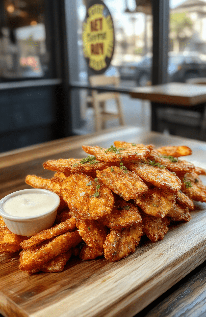 A vibrant plate of golden-brown crispy sweet potato fries arranged neatly on a rustic wooden platter, garnished with fresh parsley and served with a tangy dipping sauce, textured crispy exterior contrasting with soft interior, styled with a natural, inviting look.