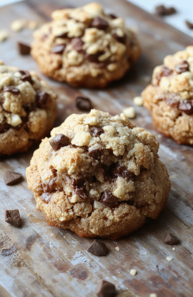 Golden-brown crumble-topped coffee cake cookies arranged on a rustic wooden plate, showing a flaky, tender interior with a crunchy sugar and cinnamon crumble topping, styled with a soft linen napkin in a cozy kitchen setting.