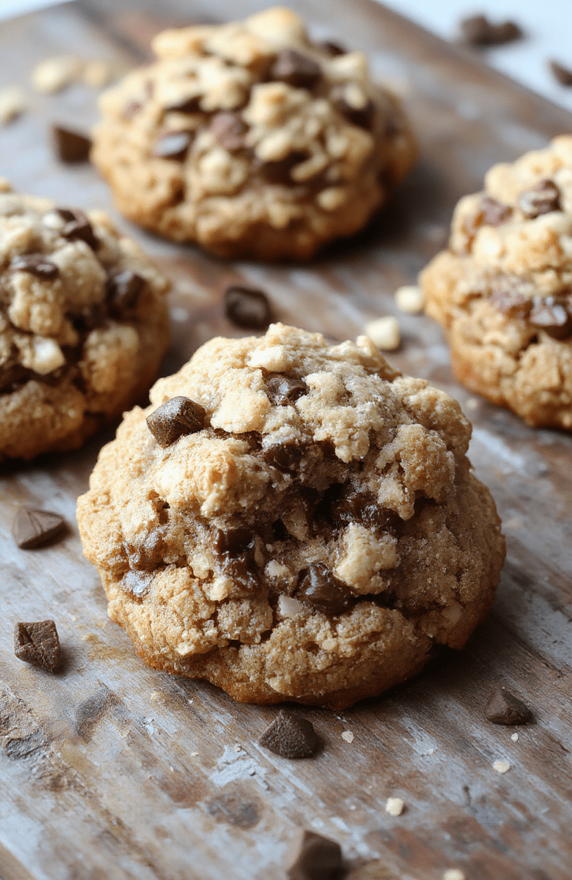 Golden-brown crumble-topped coffee cake cookies arranged on a rustic wooden plate, showing a flaky, tender interior with a crunchy sugar and cinnamon crumble topping, styled with a soft linen napkin in a cozy kitchen setting.