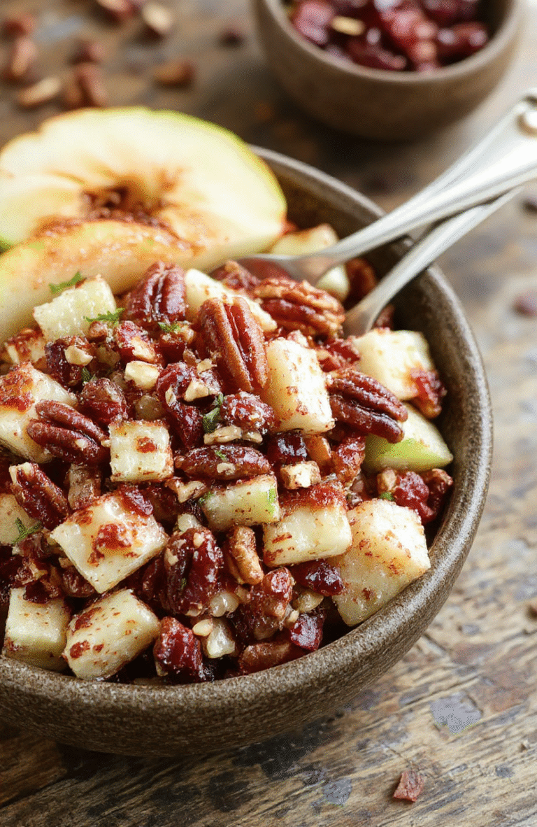 A vibrant bowl of crunchy apple cranberry pecan salad featuring diced green apples, tart cranberries, toasted pecans, and fresh greens, topped with crumbles of feta and a light vinaigrette, plated in a rustic wooden bowl with colorful ingredients highlighted under natural daylight.