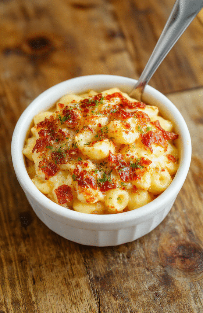 A golden-brown, crispy-topped baked mac and cheese served in a rustic white dish, with creamy cheese sauce, tender macaroni, and a crunchy breadcrumb crust, styled on a wooden table with a fork nearby.