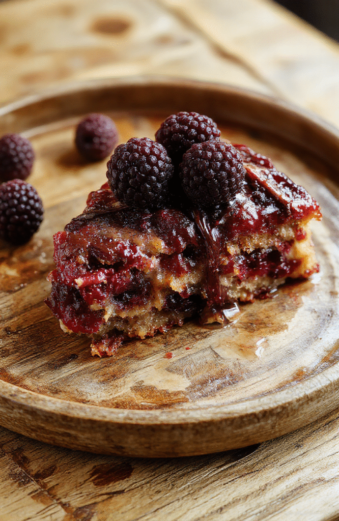 A rich slice of dark blackberry cake topped with fresh blackberries and a drizzle of glossy glaze, on a rustic wooden plate with sprinkled powdered sugar, vibrant purple-blackberries contrasting with the dark chocolate layers, styled with moody lighting and elegant garnishes.