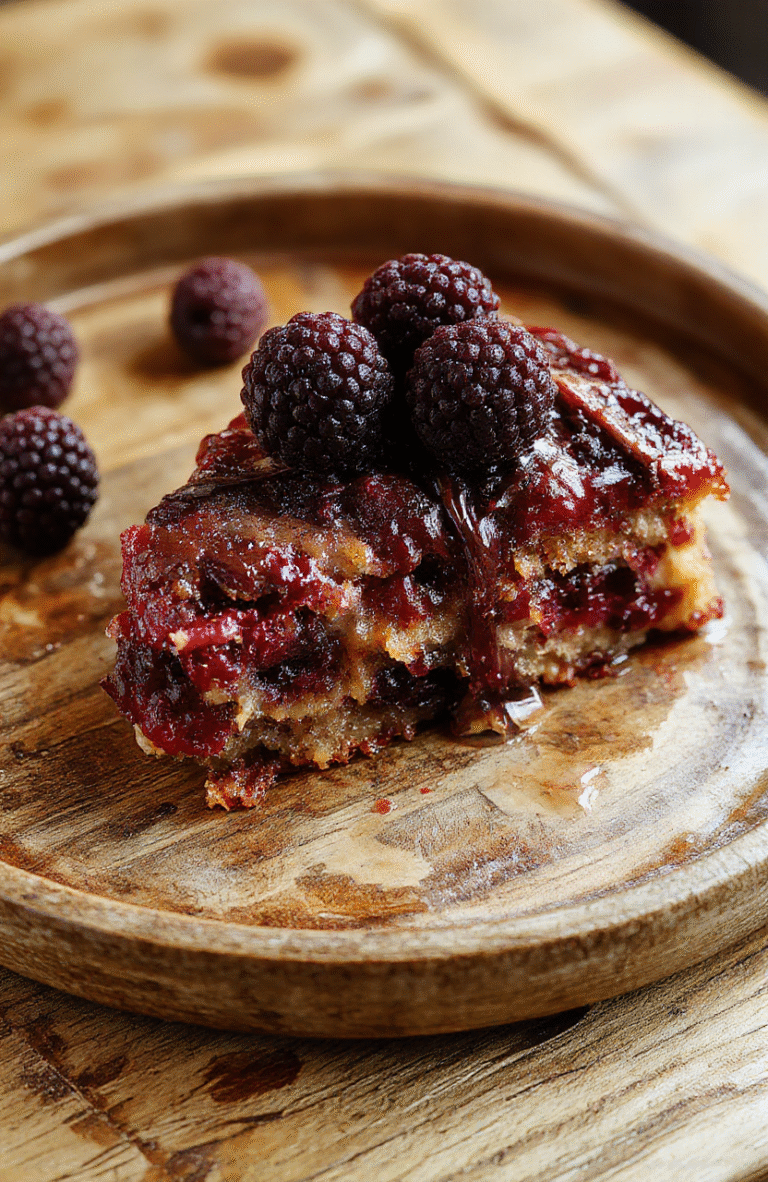 A rich slice of dark blackberry cake topped with fresh blackberries and a drizzle of glossy glaze, on a rustic wooden plate with sprinkled powdered sugar, vibrant purple-blackberries contrasting with the dark chocolate layers, styled with moody lighting and elegant garnishes.