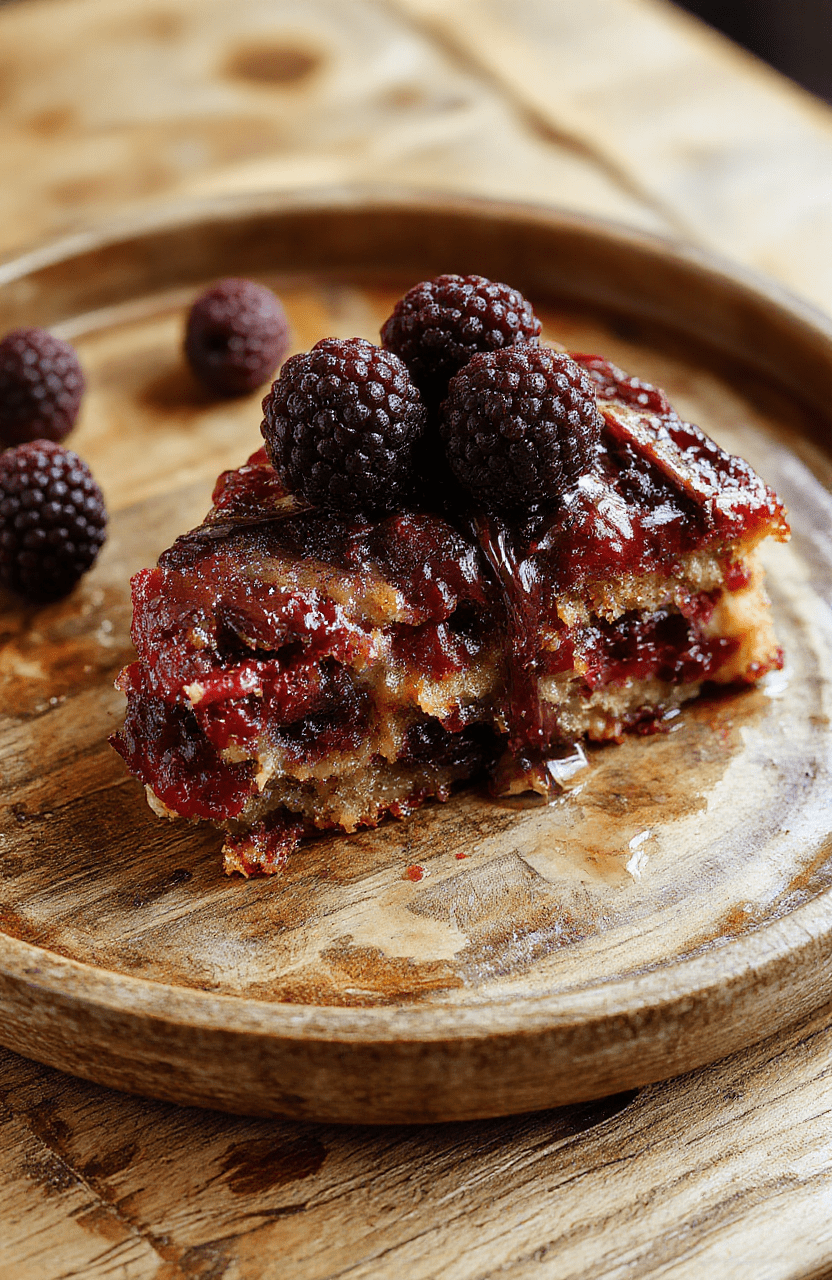 A rich slice of dark blackberry cake topped with fresh blackberries and a drizzle of glossy glaze, on a rustic wooden plate with sprinkled powdered sugar, vibrant purple-blackberries contrasting with the dark chocolate layers, styled with moody lighting and elegant garnishes.