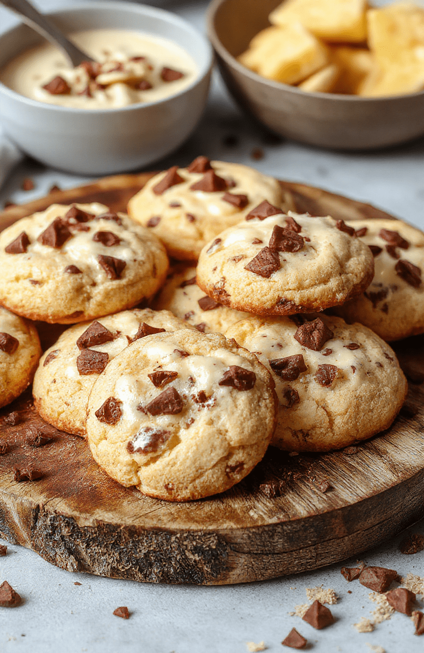 A close-up of golden-brown cheesecake cookies stacked on a rustic wooden platter, with creamy white centers visible, topped with a drizzle of chocolate and sprinkles, styled with a few crumbs scattered for a cozy, inviting look.