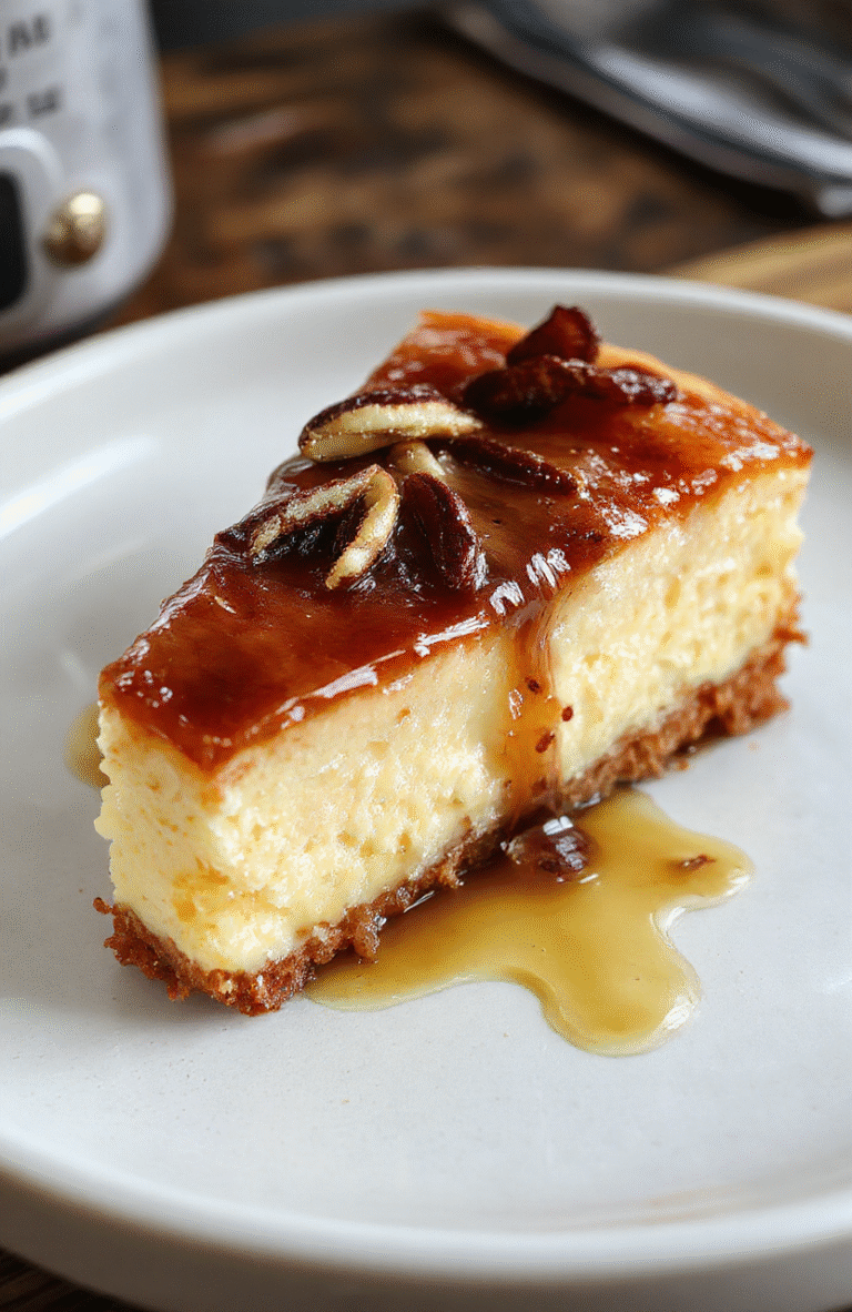 A beautifully plated slice of decadent cheesecake featuring a golden-brown buttery crust, creamy vanilla filling speckled with vanilla bean seeds, topped with a drizzle of caramelized brown butter and a vanilla bean pod garnish. The cheesecake sits on a rustic white plate, styled with a soft, textured background and natural lighting highlighting the rich textures and inviting colors.