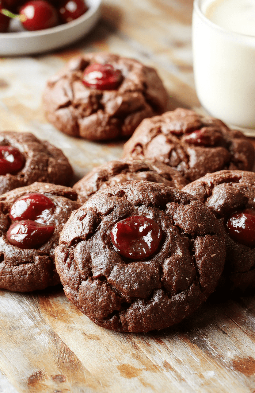 A close-up of glossy chocolate cherry cookies with rich dark chocolate coating and vibrant red cherries on a rustic wooden surface, styled with a few fresh cherries and cocoa powder for a cozy holiday vibe.