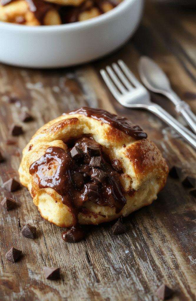 A rich, golden-brown chocolate croissant bake drizzled with melted chocolate and powdered sugar, served in a rustic white dish on a wooden table, surrounded by fresh strawberries and mint leaves, showcasing flaky layers and gooey melted chocolate, styled in a cozy brunch setting.