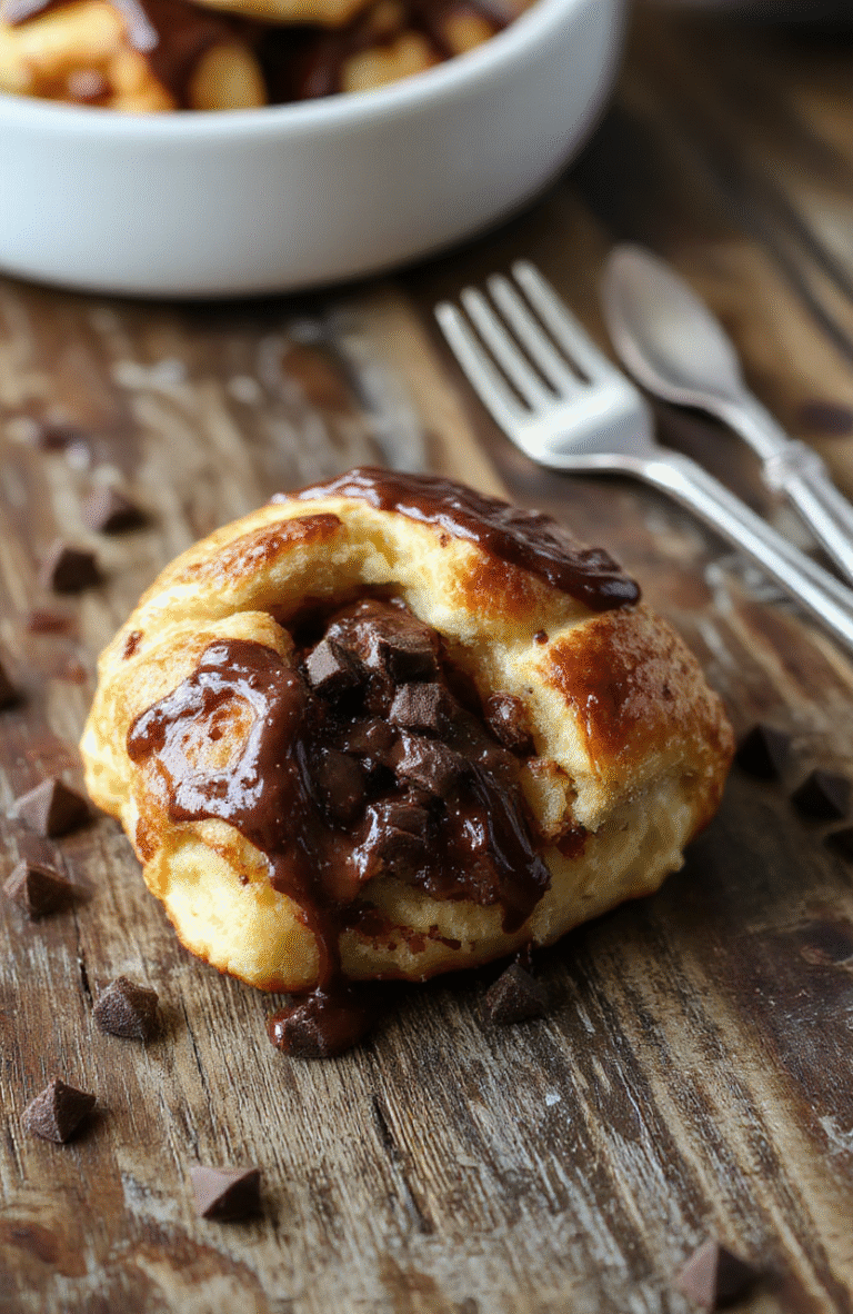 A rich, golden-brown chocolate croissant bake drizzled with melted chocolate and powdered sugar, served in a rustic white dish on a wooden table, surrounded by fresh strawberries and mint leaves, showcasing flaky layers and gooey melted chocolate, styled in a cozy brunch setting.