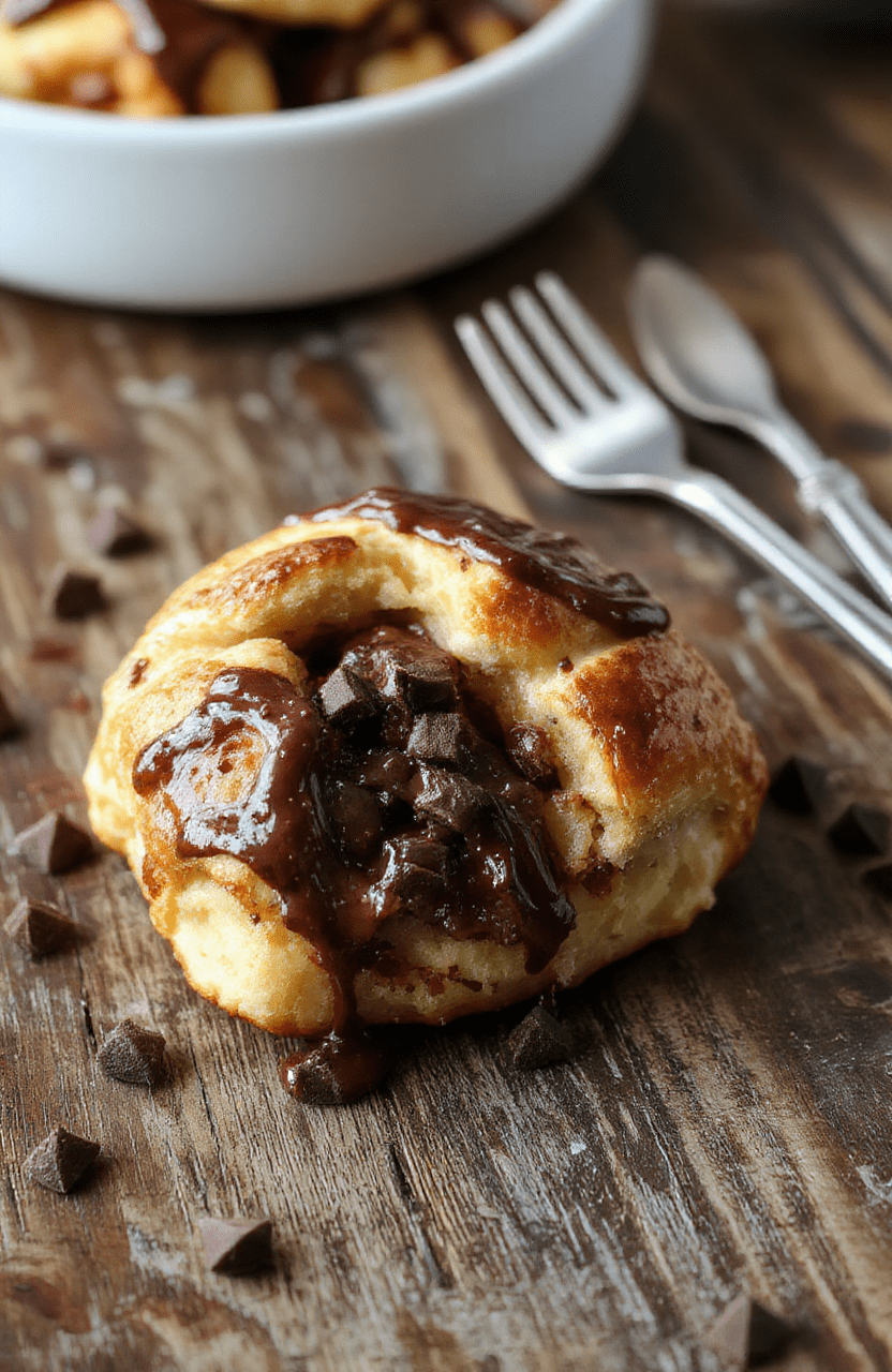 A rich, golden-brown chocolate croissant bake drizzled with melted chocolate and powdered sugar, served in a rustic white dish on a wooden table, surrounded by fresh strawberries and mint leaves, showcasing flaky layers and gooey melted chocolate, styled in a cozy brunch setting.