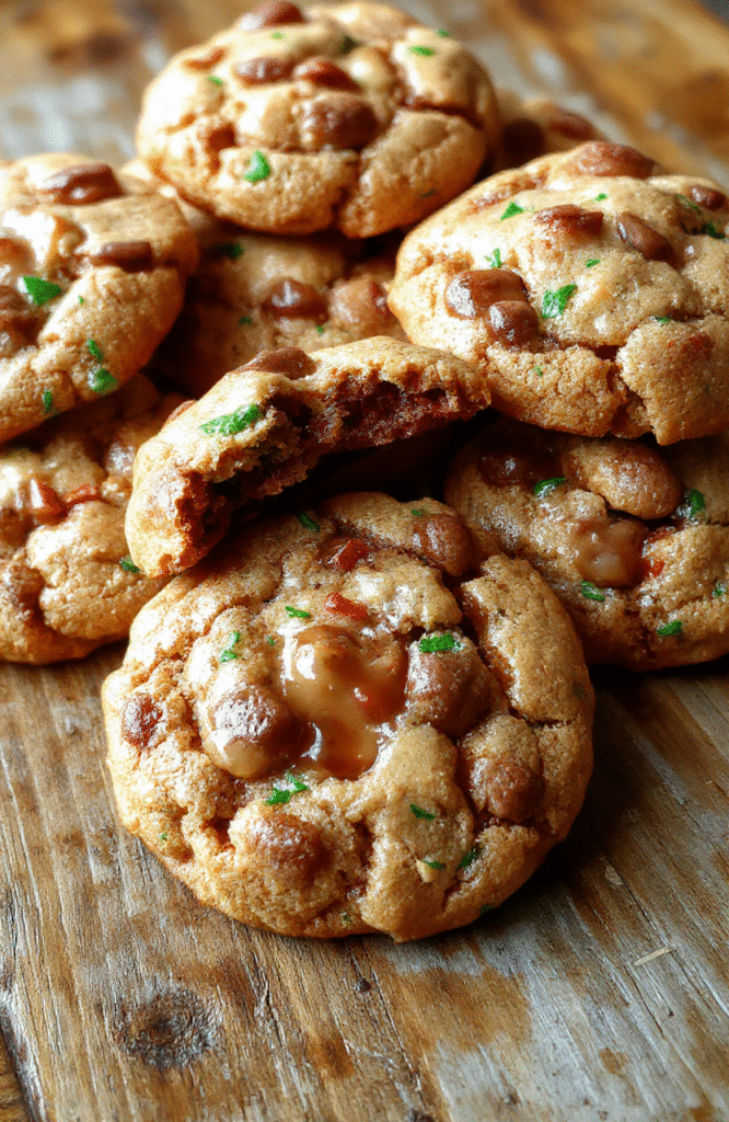 A close-up of a tray of golden brown gooey butter cookies decorated with festive sprinkles, placed on a rustic wooden platter, with a soft focus background of holiday decor and twinkling lights, highlighting the shiny, gooey surface and textured edges of the cookies.