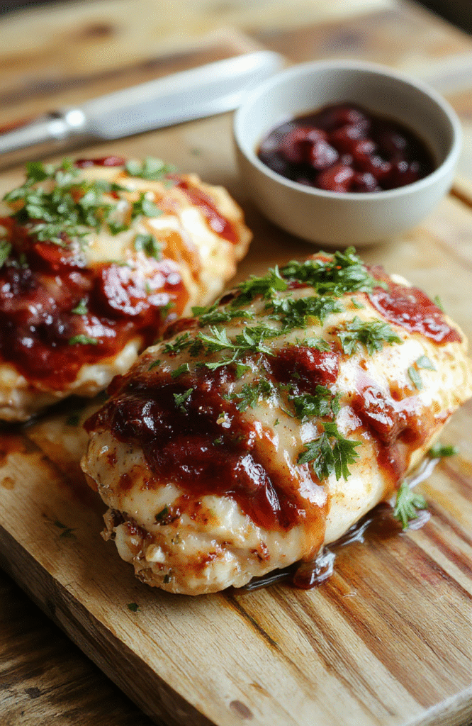 A beautifully plated decadence of cranberry brie chicken on a rustic wooden table, featuring crispy golden chicken topped with vibrant red cranberries and melted creamy Brie, garnished with fresh herbs, surrounded by festive holiday decor, creating a warm and inviting holiday dinner presentation.
