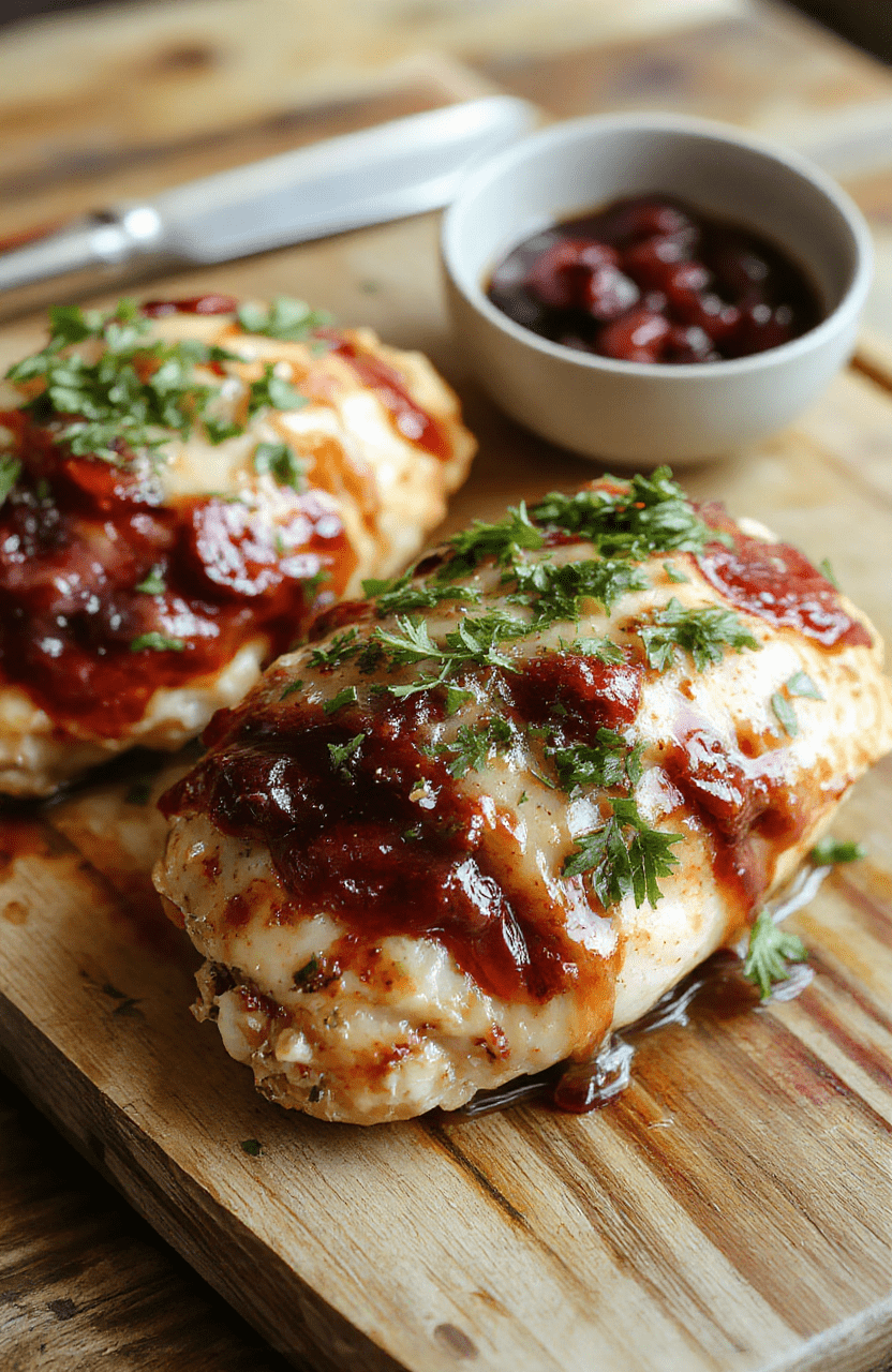 A beautifully plated decadence of cranberry brie chicken on a rustic wooden table, featuring crispy golden chicken topped with vibrant red cranberries and melted creamy Brie, garnished with fresh herbs, surrounded by festive holiday decor, creating a warm and inviting holiday dinner presentation.