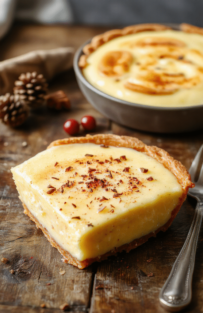 A beautifully sliced creamy custard pie with a golden crust, topped with a sprinkle of nutmeg and served on a rustic wooden table. The smooth filling has a glossy, velvety texture, contrasting with the flaky crust, with a warm, inviting ambiance and soft natural lighting highlighting the dessert's rich, luscious appearance.