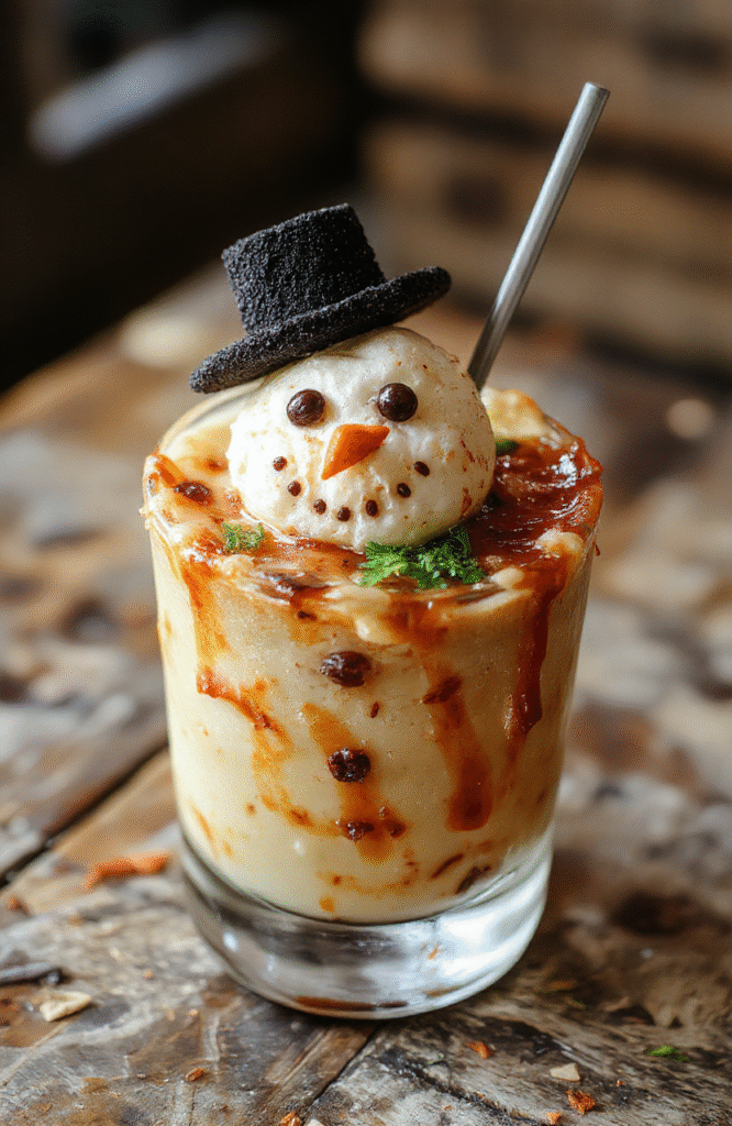 A vibrant, creamy cocktail served in a tall glass with whipped cream and a chocolate drizzle, topped with a mini marshmallow snowman, garnished with a red straw and holiday sprinkles, set against a festive red and white background with holiday ornaments.