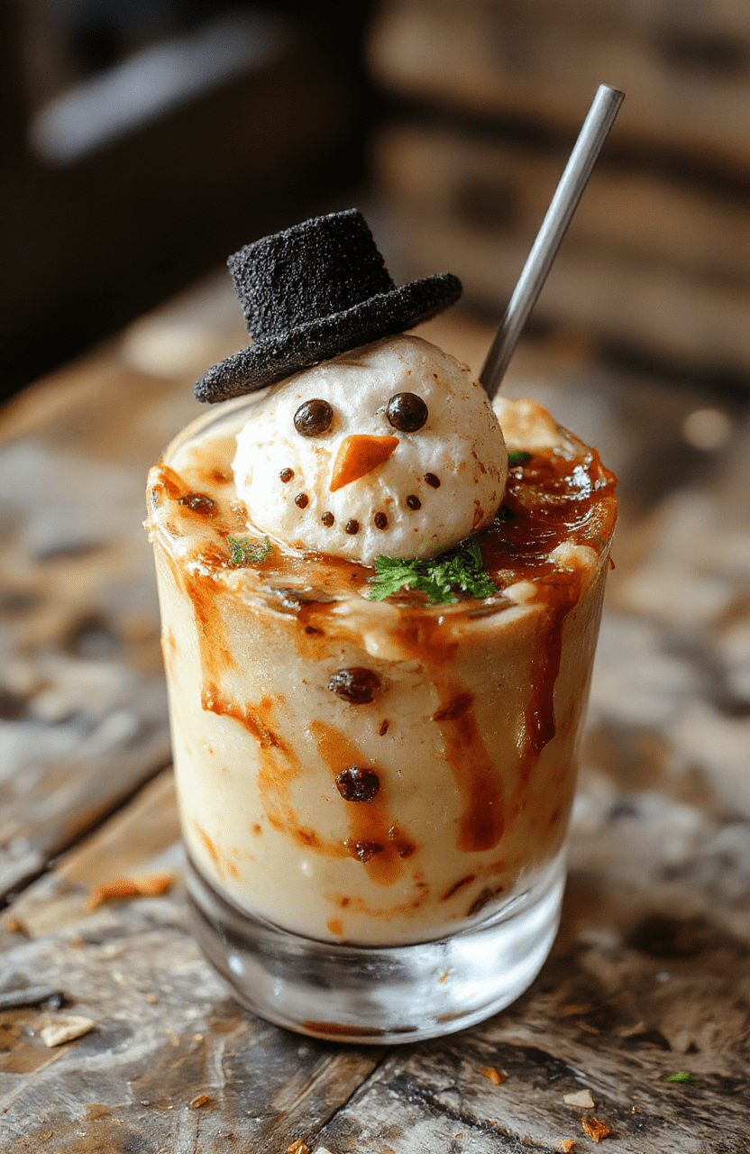 A vibrant, creamy cocktail served in a tall glass with whipped cream and a chocolate drizzle, topped with a mini marshmallow snowman, garnished with a red straw and holiday sprinkles, set against a festive red and white background with holiday ornaments.