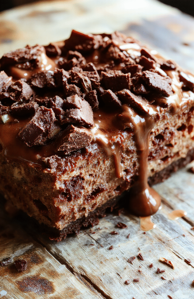 A rich slice of German Chocolate Cheesecake on a rustic wooden board, topped with coconut flakes, chocolate drizzle, and pecans. The creamy texture of the cheesecake is visible, with swirls of coconut and chocolate throughout. The background features a neutral-toned table with soft natural lighting highlighting the indulgent details.