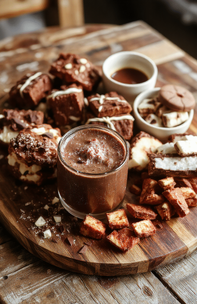 A rich, creamy mug of hot chocolate topped with whipped cream, marshmallows, and a drizzle of chocolate syrup, placed on a rustic wooden table with scattered cocoa powder and cinnamon sticks, styled with cozy holiday decor.
