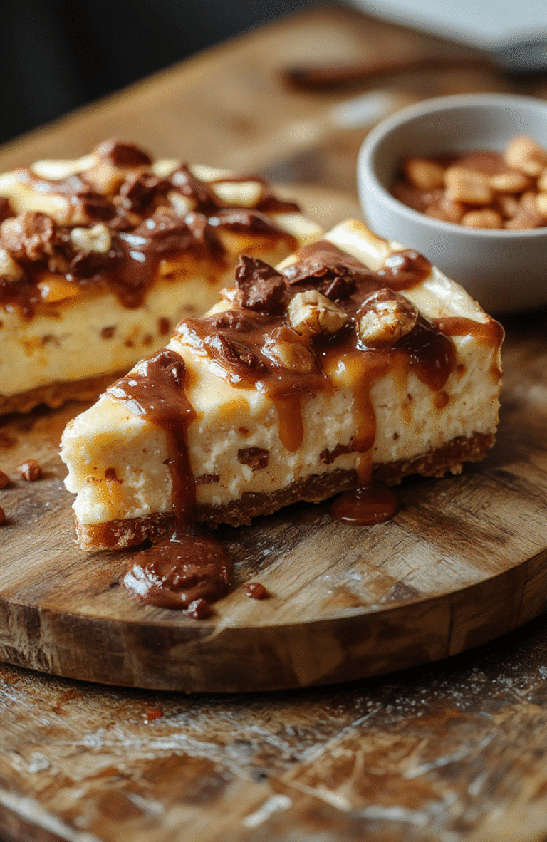 A rich, creamy turtle cheesecake topped with glossy caramel sauce and drizzled dark chocolate, garnished with chopped pecans on a rustic wooden platter with a soft, warm background.