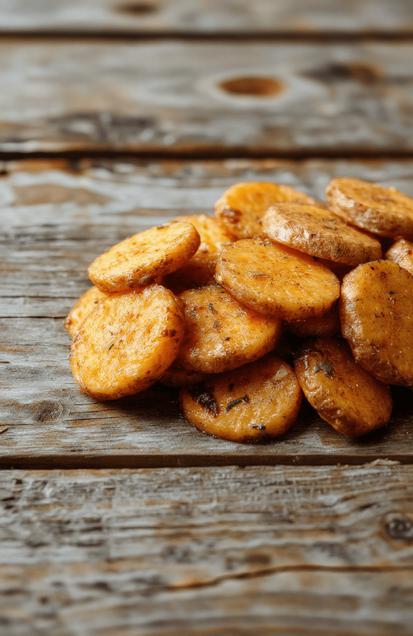 A close-up of perfectly roasted sweet potato rounds arranged on a rustic wooden platter, golden brown edges with a slight crisp, garnished with fresh herbs, vibrant orange color of sweet potatoes contrasting with green herbs, styled with a minimalist background for a clean, inviting look.