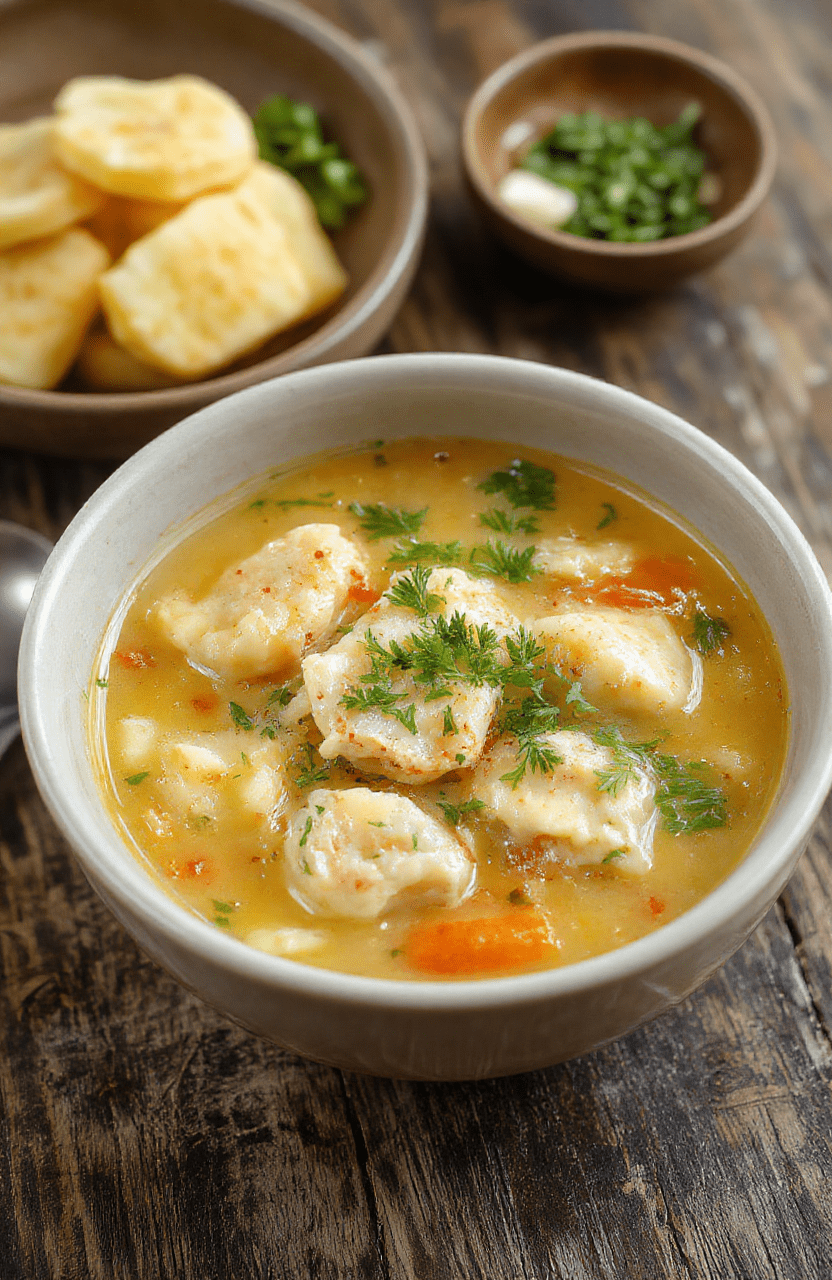 A steaming bowl of hearty chicken dumpling soup with golden-brown dumplings, tender shredded chicken, vibrant vegetables, garnished with chopped herbs, presented on a rustic wooden table with a cozy kitchen background.
