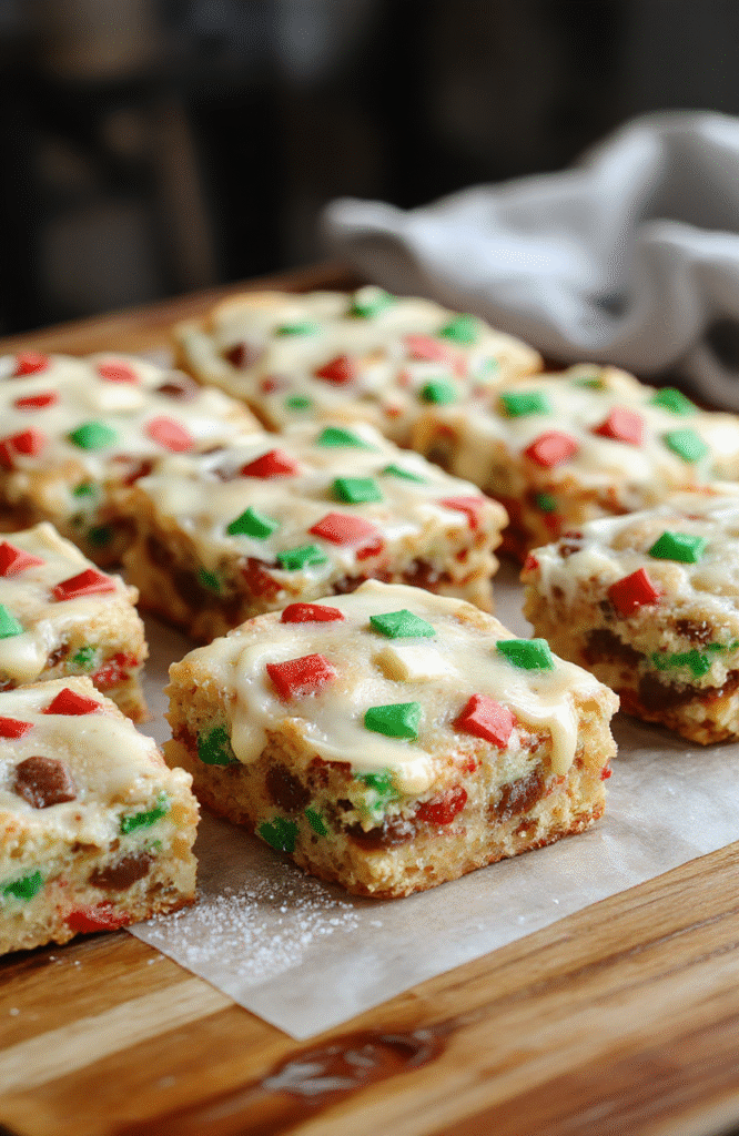 Colorful layered Christmas cookie bars on a festive plate, topped with icing and shaped sprinkles, with a golden crust base and rich chocolate and caramel layers, styled with holiday decor in the background, textured and inviting.