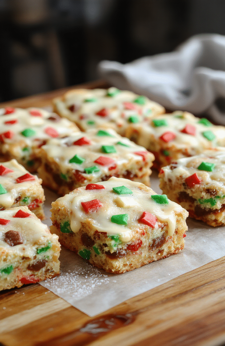 Colorful layered Christmas cookie bars on a festive plate, topped with icing and shaped sprinkles, with a golden crust base and rich chocolate and caramel layers, styled with holiday decor in the background, textured and inviting.