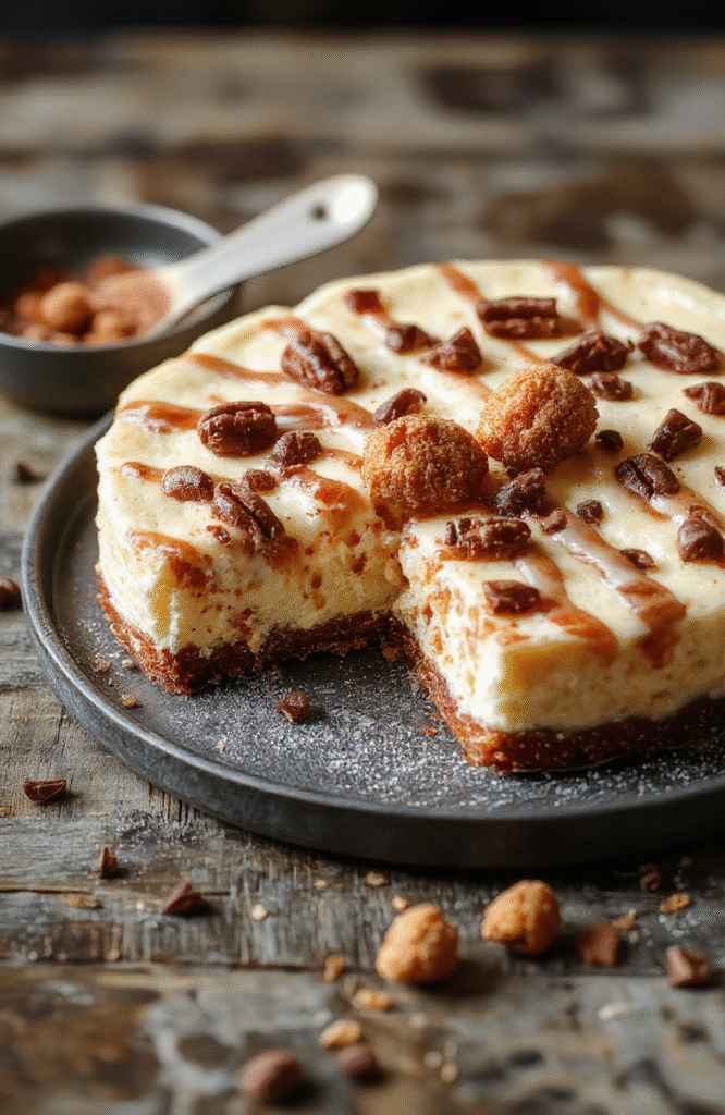 A vibrant cheesecake topped with crispy cinnamon sugar churros, drizzled with chocolate sauce, served on a rustic wooden plate, with colorful sprinkles and a dusting of powdered sugar, styled for a festive celebration
