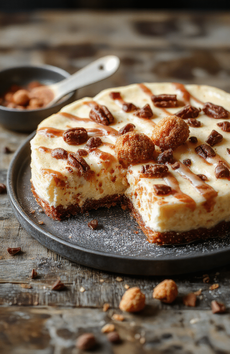 A vibrant cheesecake topped with crispy cinnamon sugar churros, drizzled with chocolate sauce, served on a rustic wooden plate, with colorful sprinkles and a dusting of powdered sugar, styled for a festive celebration