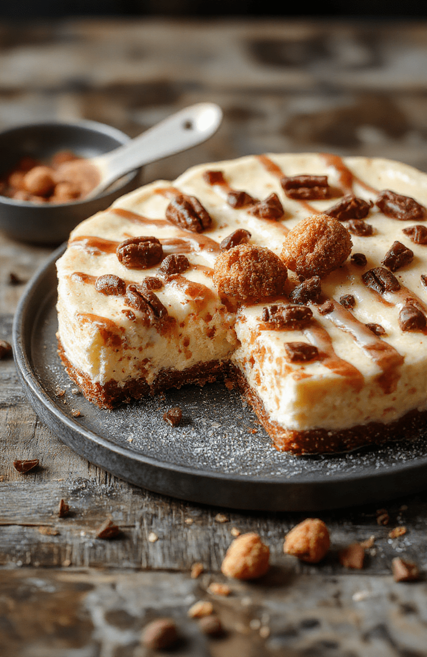 A vibrant cheesecake topped with crispy cinnamon sugar churros, drizzled with chocolate sauce, served on a rustic wooden plate, with colorful sprinkles and a dusting of powdered sugar, styled for a festive celebration