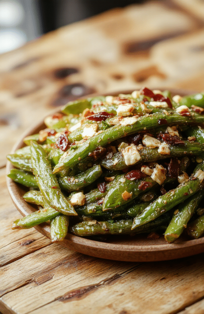 A vibrant plate of glossy green beans topped with crispy golden crumbs, arranged beautifully on a rustic wooden table with a neutral backdrop, emphasizing the fresh, crunchy texture of the beans and the crispy topping, styled simply for an inviting appeal.