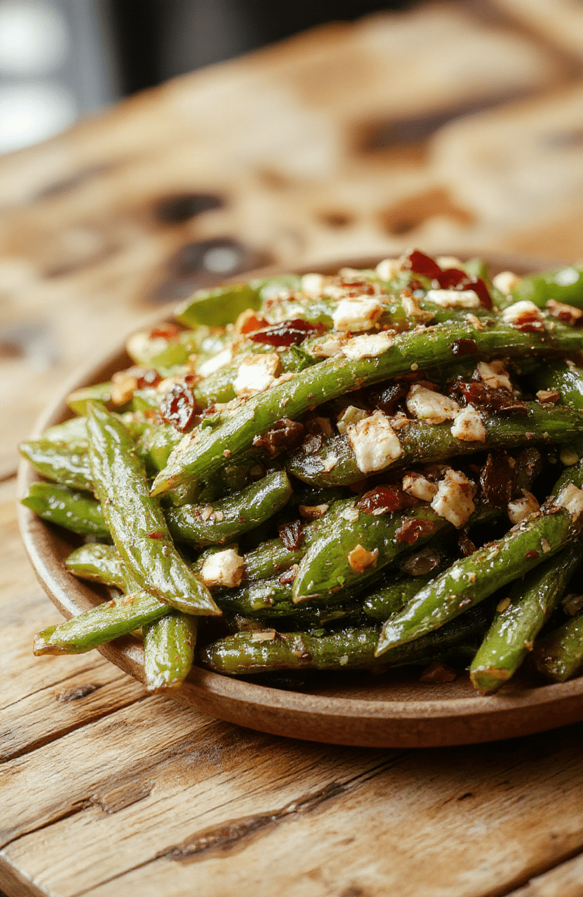 A vibrant plate of glossy green beans topped with crispy golden crumbs, arranged beautifully on a rustic wooden table with a neutral backdrop, emphasizing the fresh, crunchy texture of the beans and the crispy topping, styled simply for an inviting appeal.