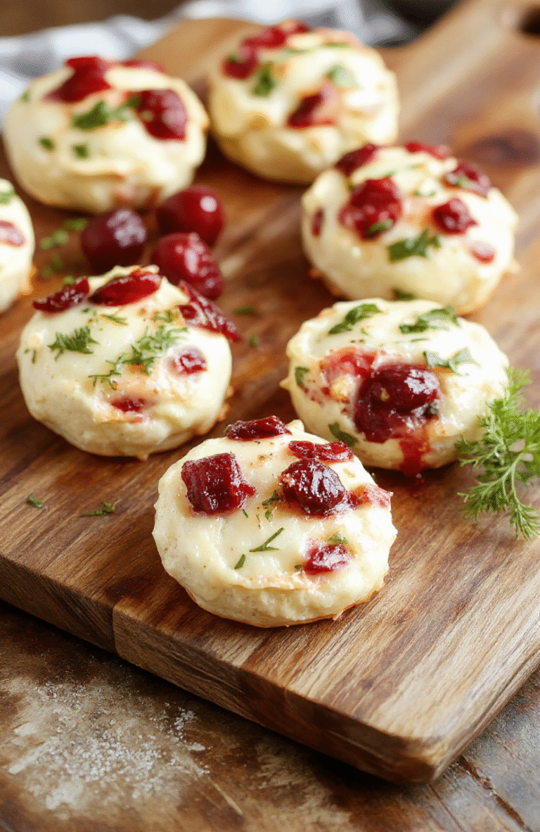 A close-up of golden mini tart bites filled with creamy brie cheese topped with glossy fresh cranberries and a sprinkle of chopped nuts, arranged on a festive platter with a holiday-themed backdrop, vivid red and white tones, with a textured surface of a wooden serving board.