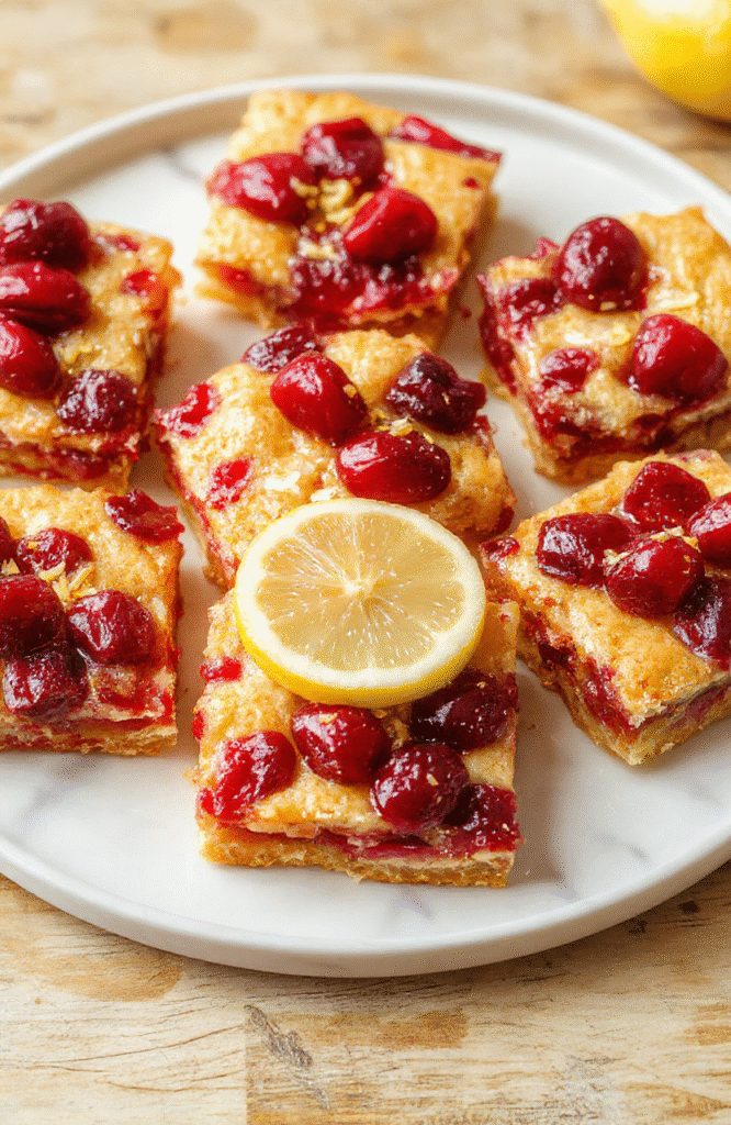 A vibrant plate of tart and bright cranberry lemon bars featuring a golden crust topped with glossy red cranberries and fresh lemon zest, styled on a white marble surface with a light background, showcasing the textured crust, juicy cranberries, and zesty lemon garnish, vibrant colors and appealing textures.