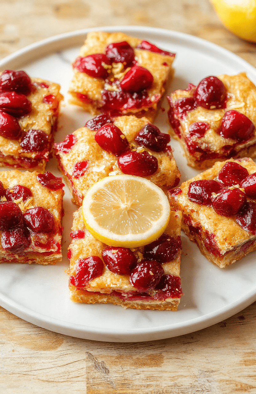 A vibrant plate of tart and bright cranberry lemon bars featuring a golden crust topped with glossy red cranberries and fresh lemon zest, styled on a white marble surface with a light background, showcasing the textured crust, juicy cranberries, and zesty lemon garnish, vibrant colors and appealing textures.
