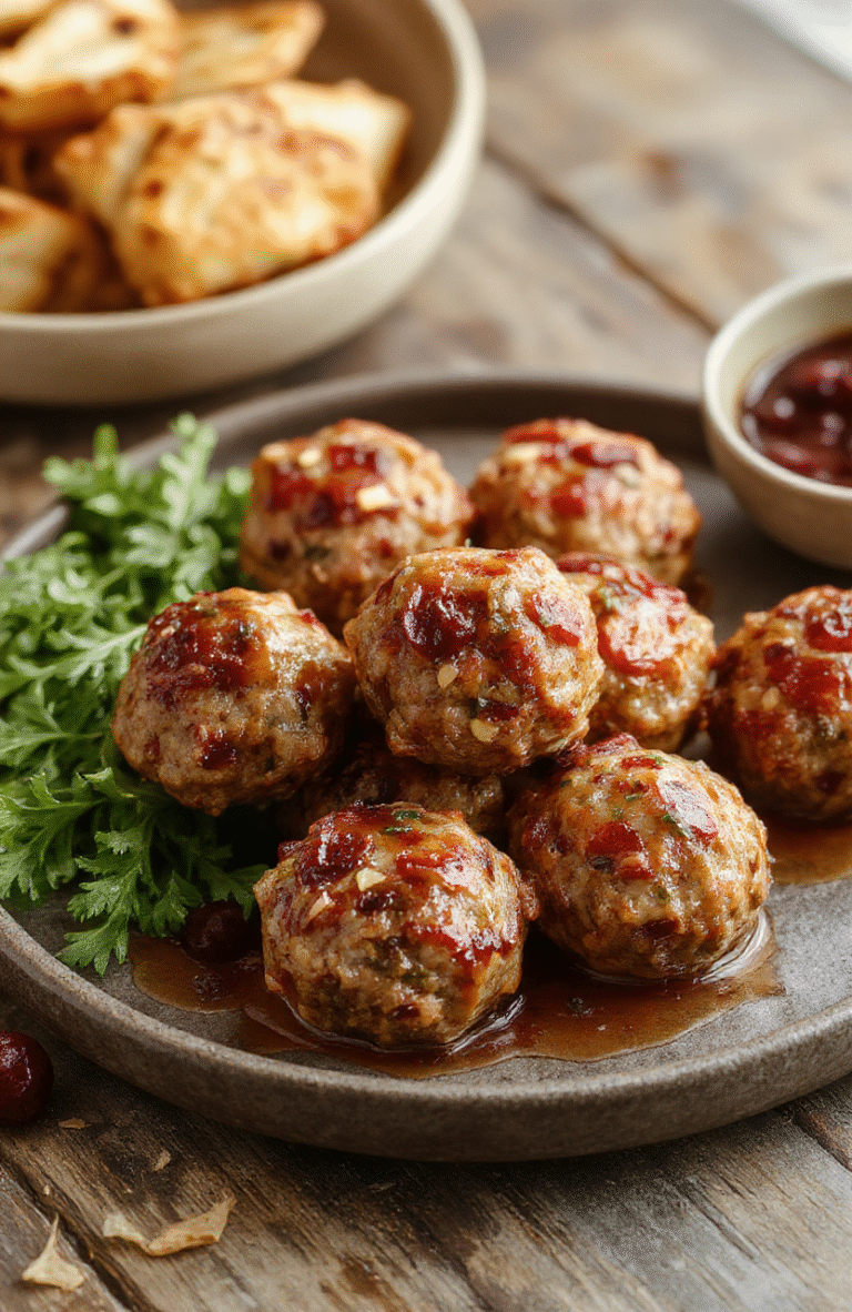 Colorful cranberry meatballs arranged on a white plate with a glossy sauce, garnished with fresh herbs and orange zest. The dish is styled on a rustic wooden table, highlighting the vibrant red cranberries, tender meatballs, and festive presentation with a holiday-themed backdrop.