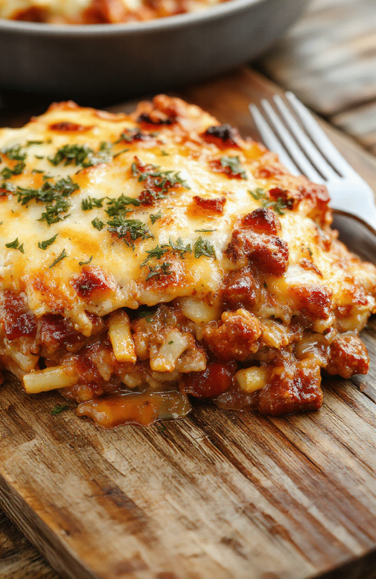 A colorful baking dish filled with layers of seasoned ground beef, diced potatoes, mixed vegetables, and melted cheese, plated on a rustic wooden table with a sprig of fresh herbs on top. The casserole showcases a golden crust with bubbling cheese, surrounded by vibrant vegetables and tender meat, styled in a homestyle, inviting setting.
