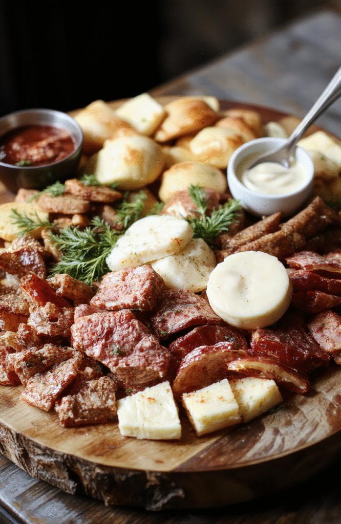 A vibrant holiday charcuterie board featuring assorted cheeses, cured meats, crackers, fresh and dried fruits, nuts, and colorful garnishes arranged in an inviting, rustic style on a wooden platter with festive decorations in the background.