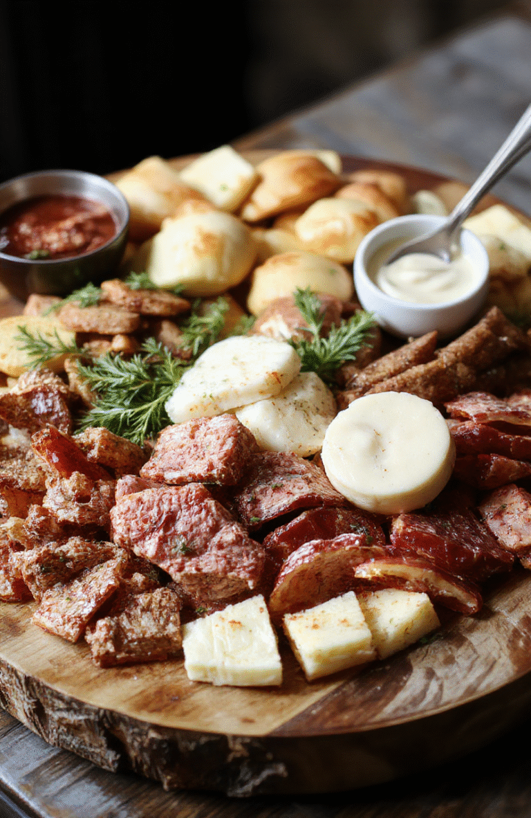 A vibrant holiday charcuterie board featuring assorted cheeses, cured meats, crackers, fresh and dried fruits, nuts, and colorful garnishes arranged in an inviting, rustic style on a wooden platter with festive decorations in the background.