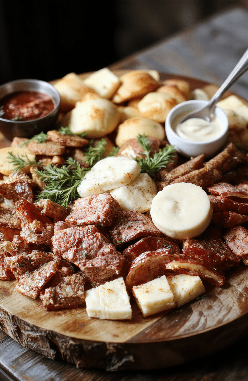 A vibrant holiday charcuterie board featuring assorted cheeses, cured meats, crackers, fresh and dried fruits, nuts, and colorful garnishes arranged in an inviting, rustic style on a wooden platter with festive decorations in the background.
