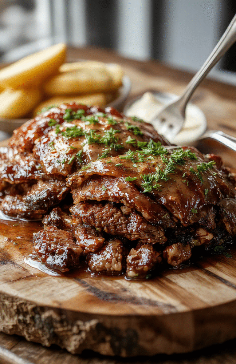 A beautifully glazed honey-baked beef roast sits center on a rustic wooden platter, garnished with sprigs of fresh herbs and slices revealing a juicy, tender interior. The rich caramelized crust contrasts with the moist, succulent meat, set against a softly blurred autumnal background that enhances the warm tones and inviting presentation.
