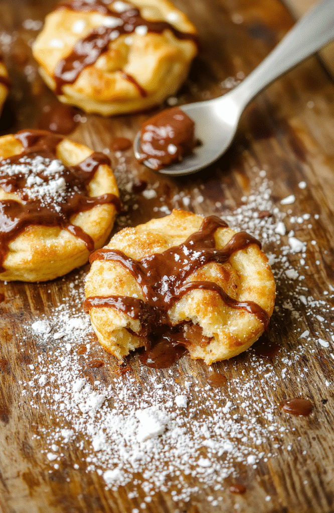 Golden-brown Nutella toast pies arranged on a white plate, drizzled with extra Nutella and sprinkled with powdered sugar, with a crispy, flaky texture and a gooey chocolate center, styled casually with a rustic background.