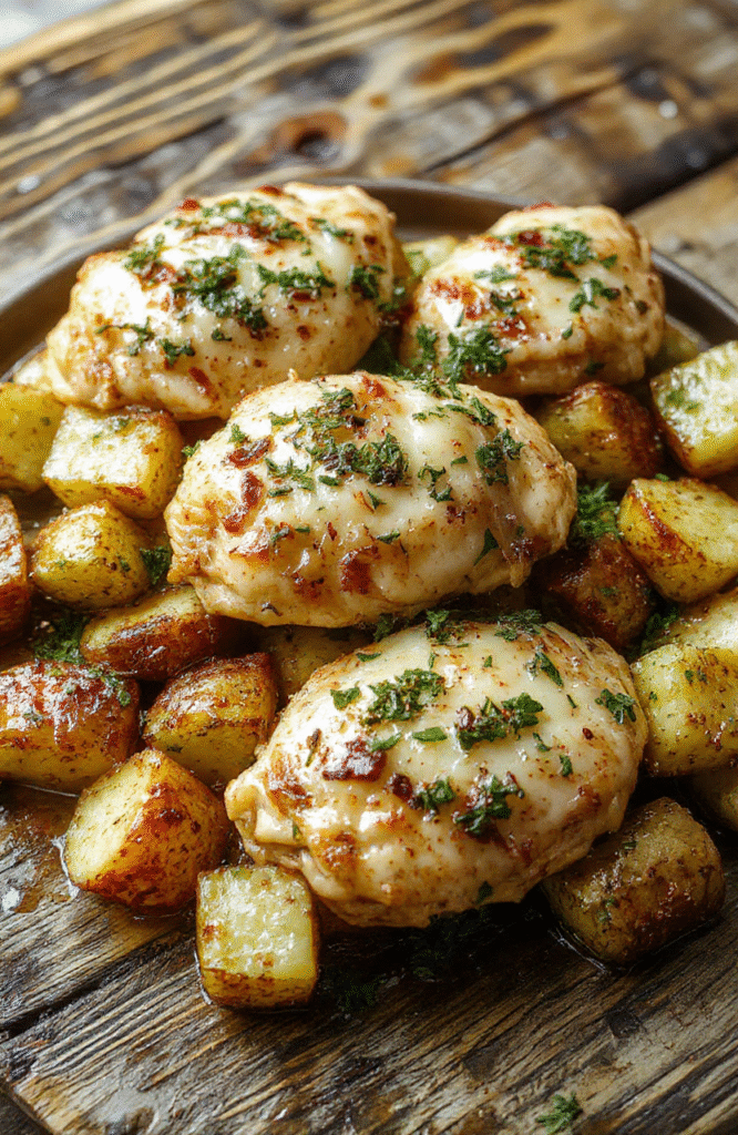 A vibrant plate of crispy roasted chicken thighs topped with golden garlic Parmesan sauce, surrounded by tender, caramelized potatoes on a rustic wooden table, garnished with fresh parsley and lemon wedges, with a fork and a napkin nearby, highlighting textures and rich flavors.