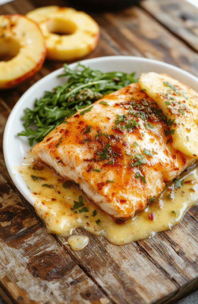 Colorful baked pineapple salmon dish on a white plate with grilled pineapple slices, flaky pink salmon fillet topped with caramelized pineapple chunks, garnished with fresh herbs, set on a rustic wooden table with natural lighting highlighting the glossy glaze and vibrant colors.