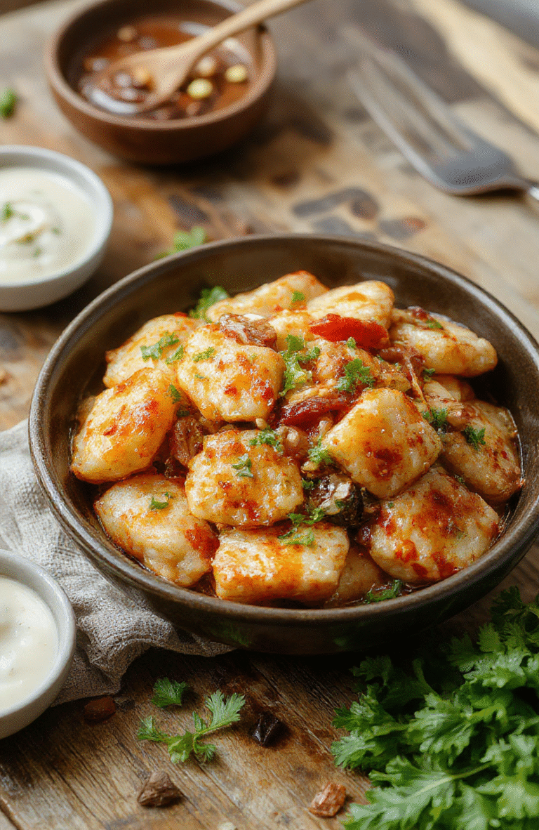 A colorful plate of potsticker stir fry featuring crispy golden potstickers arranged on a vibrant bed of stir-fried vegetables with glossy sauce, garnished with sesame seeds and chopped scallions, styled on a rustic wooden table with a fresh, inviting look.