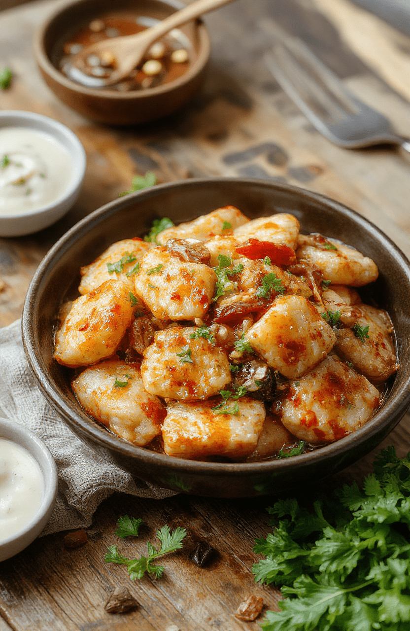 A colorful plate of potsticker stir fry featuring crispy golden potstickers arranged on a vibrant bed of stir-fried vegetables with glossy sauce, garnished with sesame seeds and chopped scallions, styled on a rustic wooden table with a fresh, inviting look.