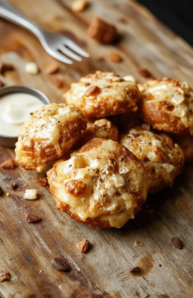 A close-up of golden-brown pretzel bites topped with melted Rolo chocolates, arranged on a rustic wooden board with a few pretzels broken to show the gooey caramel and chocolate interior, styled casually with a soft-focus background highlighting the glossy, melty textures and inviting appeal