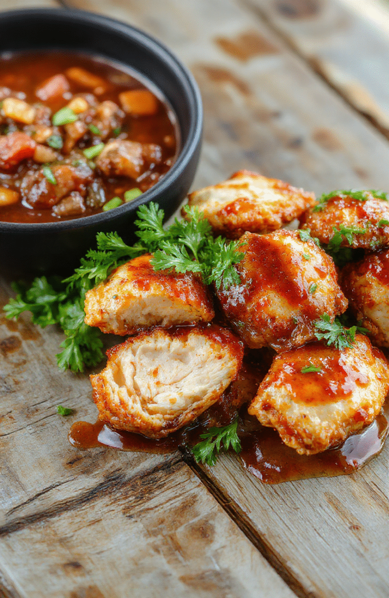 A vibrant plate of sweet chili chicken featuring crispy glazed chicken pieces garnished with sesame seeds and chopped scallions, served on a clean white plate with a glossy sauce drizzled over. The background shows a rustic wooden table with a small bowl of additional sauce and a few fresh chili slices, creating a warm and inviting atmosphere.