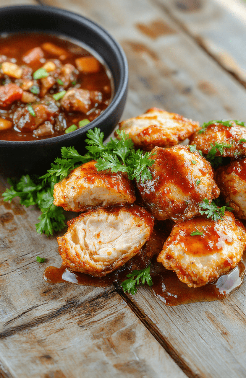 A vibrant plate of sweet chili chicken featuring crispy glazed chicken pieces garnished with sesame seeds and chopped scallions, served on a clean white plate with a glossy sauce drizzled over. The background shows a rustic wooden table with a small bowl of additional sauce and a few fresh chili slices, creating a warm and inviting atmosphere.